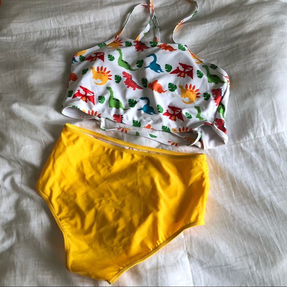 High Waisted Yellow And Dinosaur Print Bikini
